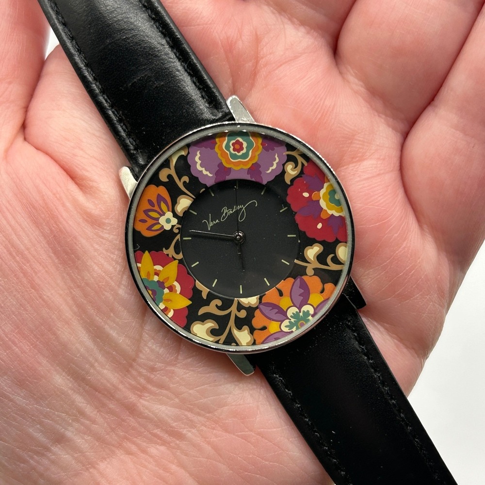 Vera Bradley Womens Floral Dial Watch Black Leather Band Japan Movt Stainless